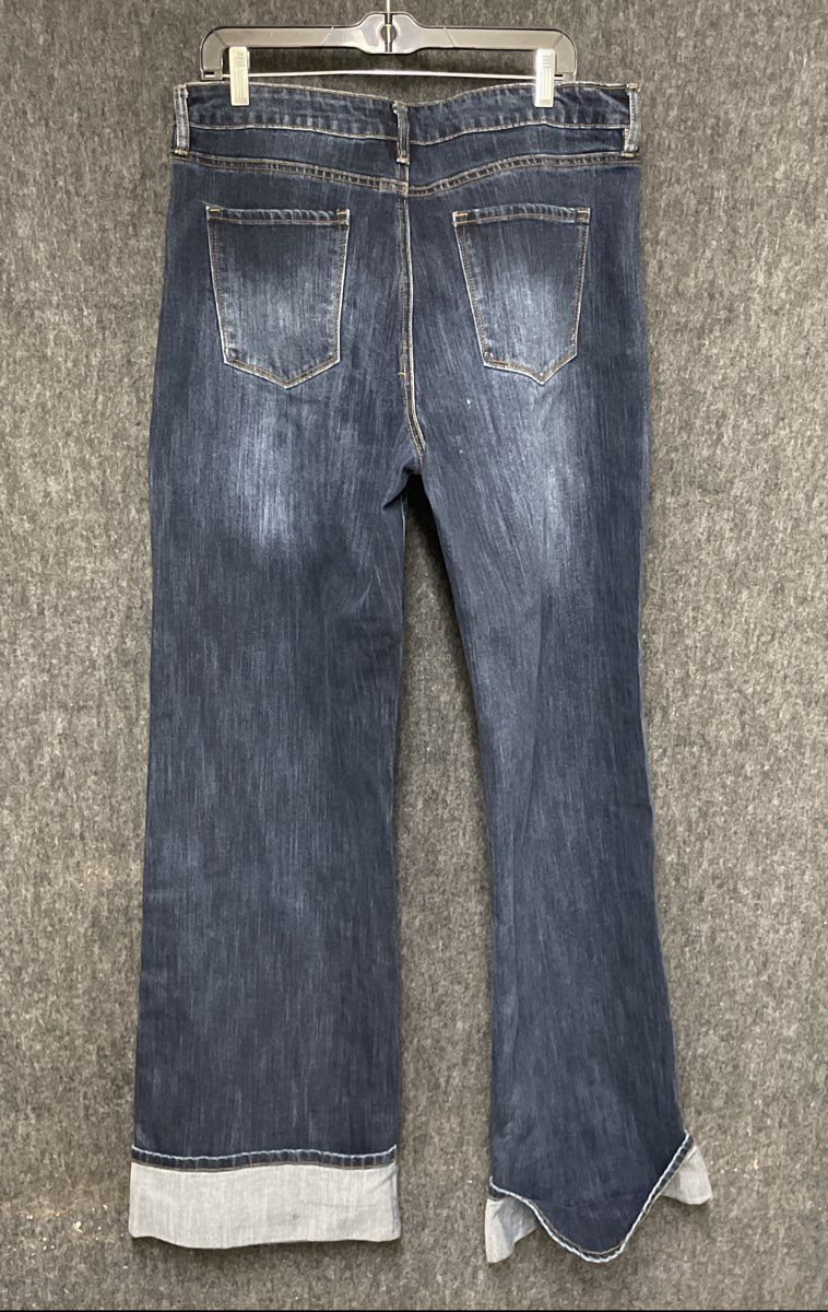 Fashion Nova Women's Dark Wash Wide Leg Flare Cuffed Denim Jeans Sz 15