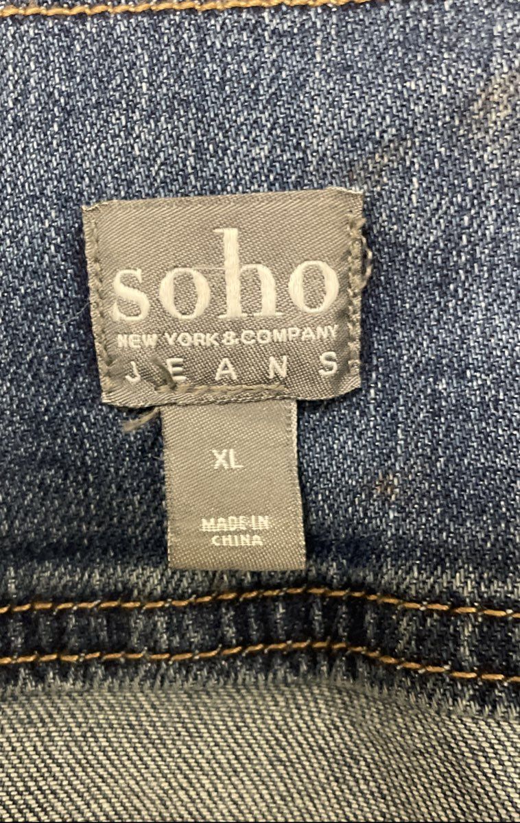 SOHO New York & Company Women's Blue Sequin Bird Jean Jacket Frayed Hem Sz XL