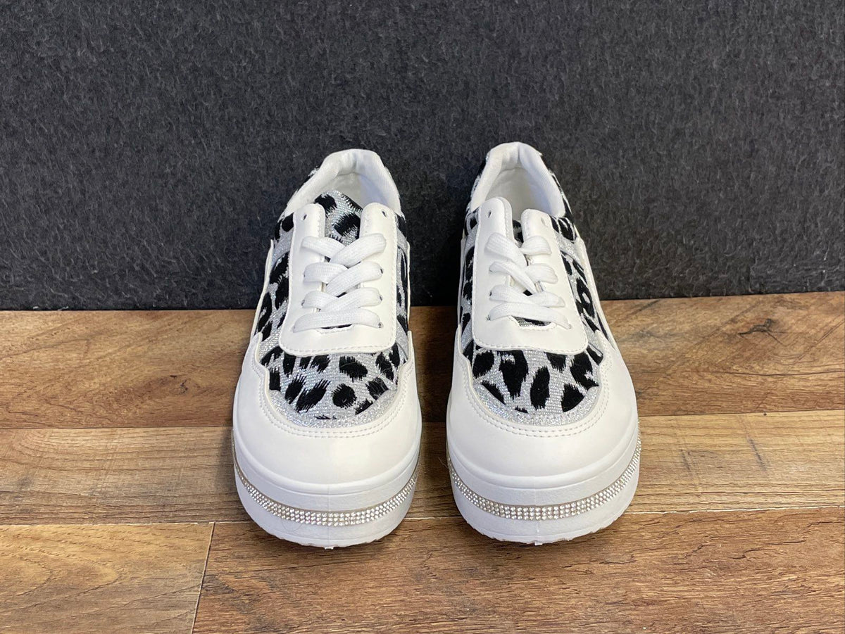 Top Moda White Rhinestone Metallic Leopard Print Platform Sneakers Size 6.5