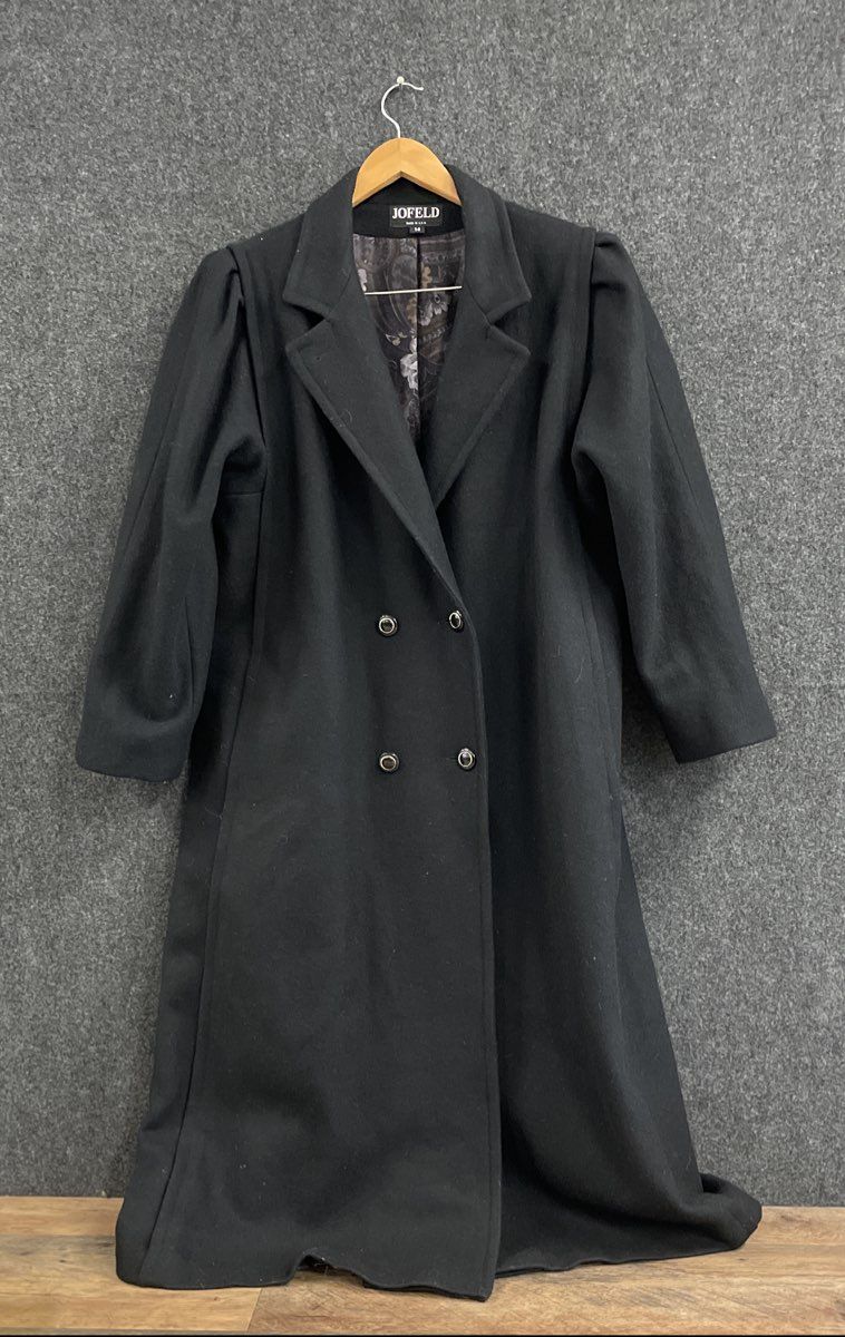 Vintage 90s Jofeld Women's Black Double Breasted Wool Coat Puff Shoulder Sz 14