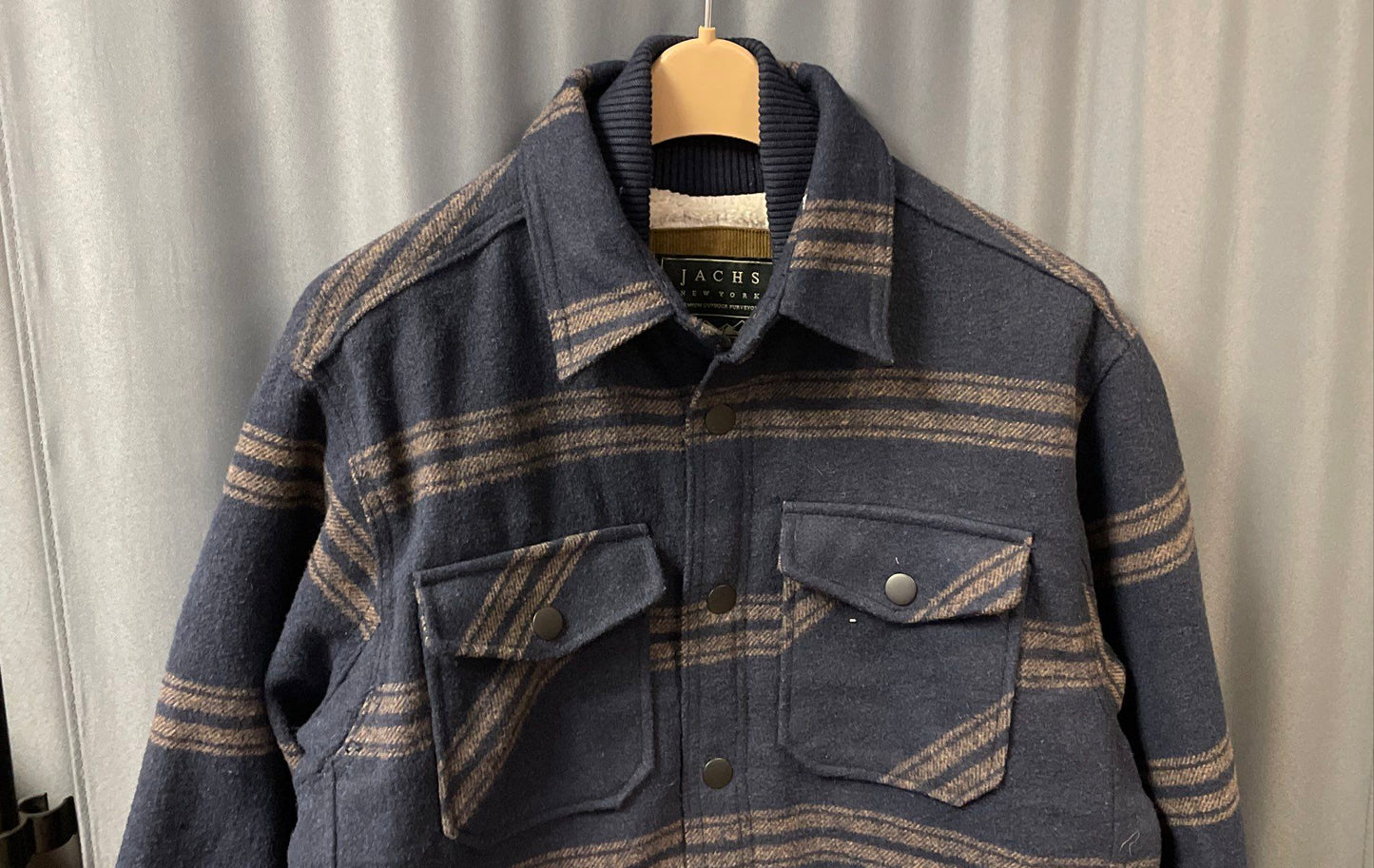 Jachs New York Men's Blue Striped Sherpa Lined Wool Blend Coat Jacket Sz L