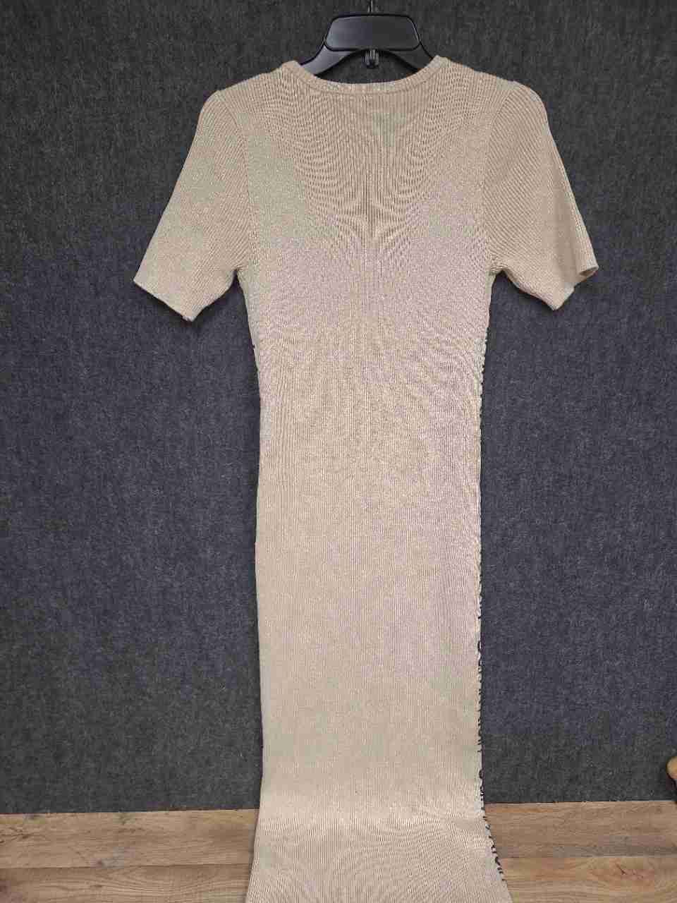 Calvin Klein Women's Beige Gold Ribbed Metallic Logo Tape Midi Dress Sz M