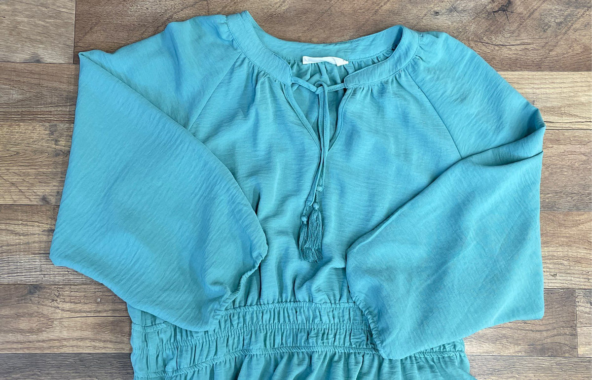 Lucky Brand Women's Aqua Blue Tiered Smocked Midi Dress Tassel Neck Sz XL