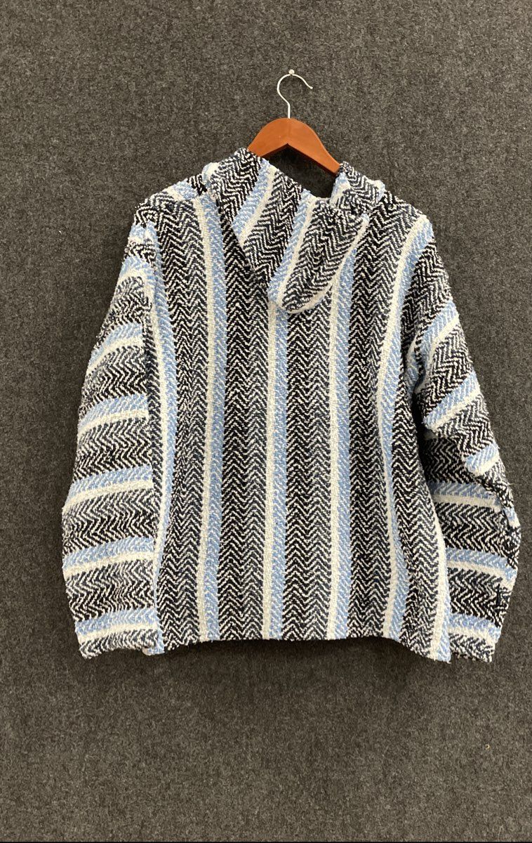 Earth Ragz Men's Baja Hoodie Sweater Blue White Striped Chevron Pullover Sz L