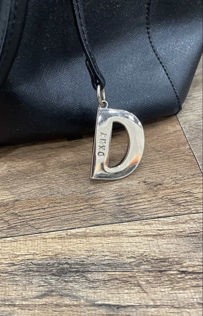 DKNY Black Saffiano Leather Dome Satchel Bag Silver Hardware Charm