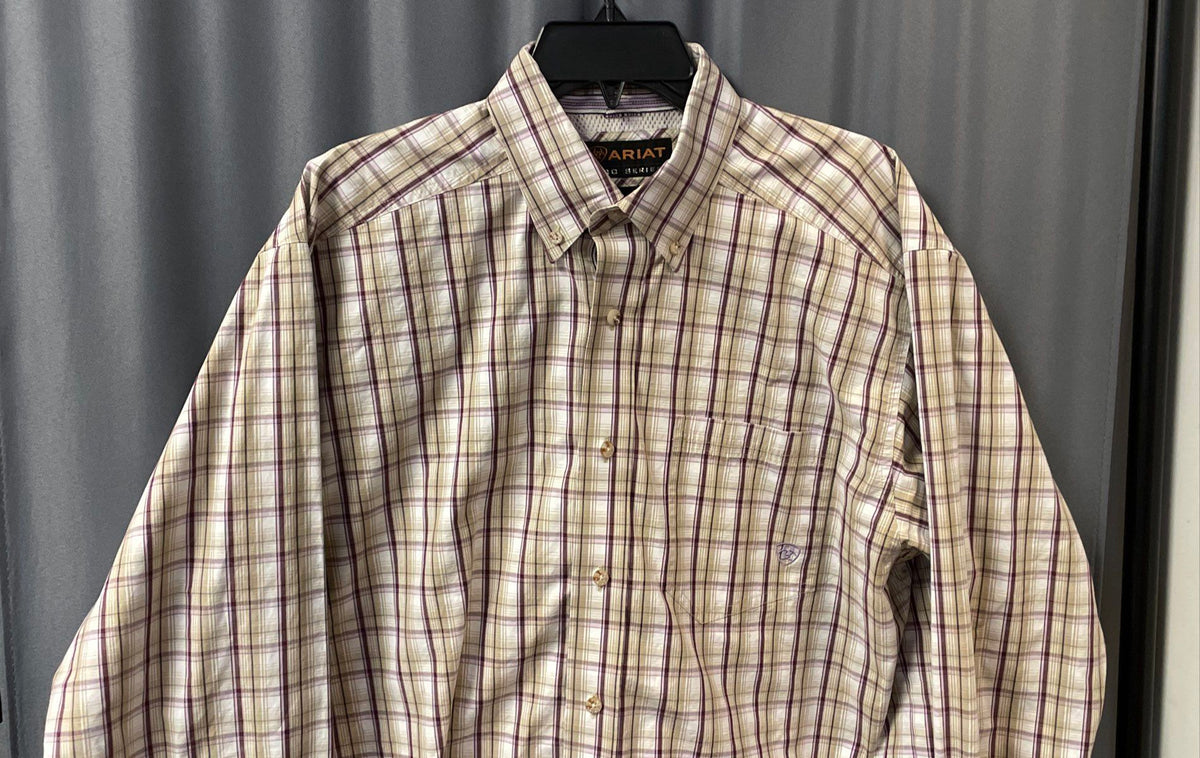 Ariat Men's Pro Series Plaid Button Down Shirt Tan Red White Sz Large