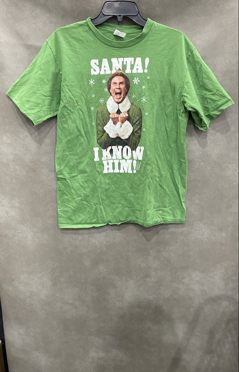 Port & Company Men's Elf Movie Buddy Santa I Know Him Green Graphic T-Shirt Sz M