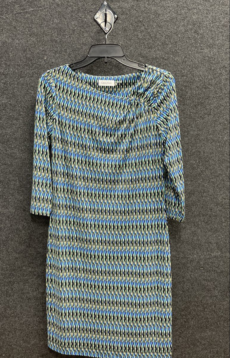 Calvin Klein Women's Geometric Print Sheath Dress Blue Green 3/4 Sleeve Sz 4