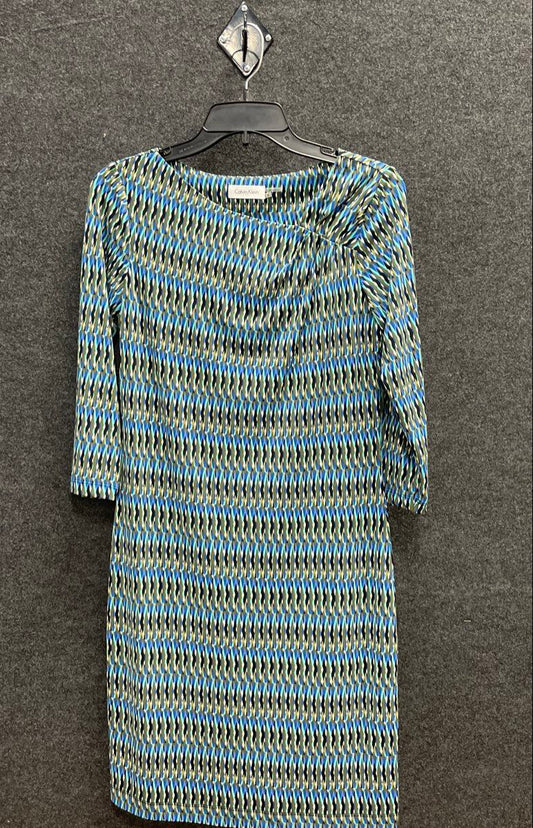 Calvin Klein Women's Geometric Print Sheath Dress Blue Green 3/4 Sleeve Sz 4