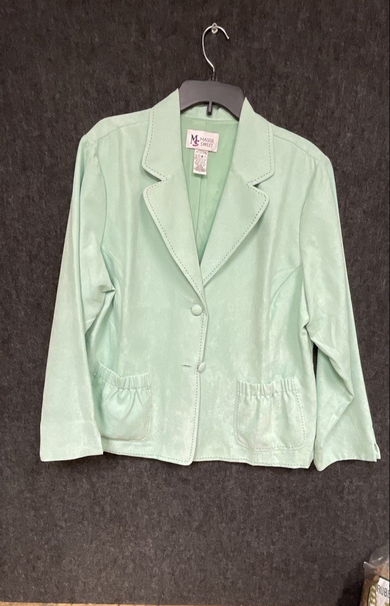 Maggie Sweet Women's Mint Green Pick Stitch Notched Lapel Blazer Jacket Sz 1X