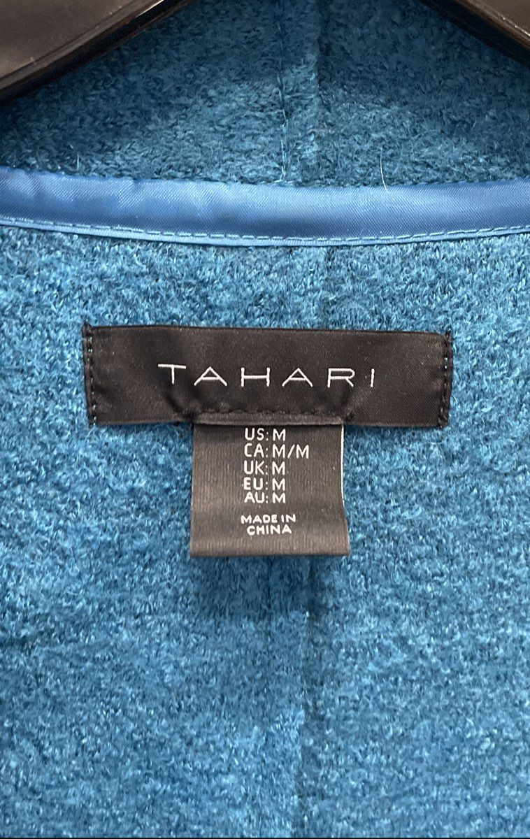 Tahari Women's Blue Open Front Cardigan Sweater Boiled Wool Look Raw Seam Sz M