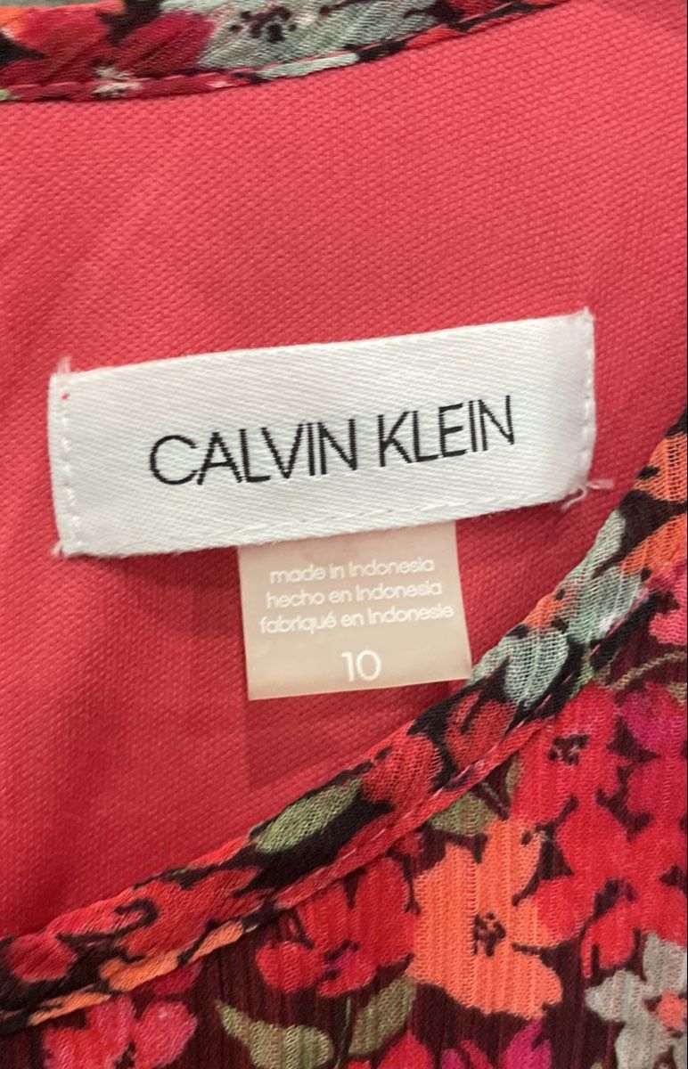 Calvin Klein Women's Pink Floral Keyhole Back Chiffon Tunic Shirt Sz 10
