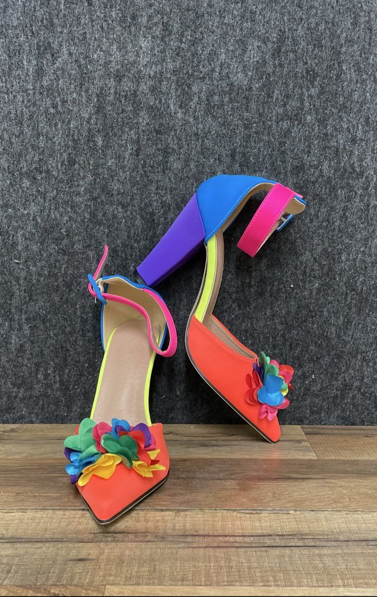 Temu Floral Pointed-Toe Chunky Heel Sandals Rainbow Multi-Color Size 38 EU 7.5
