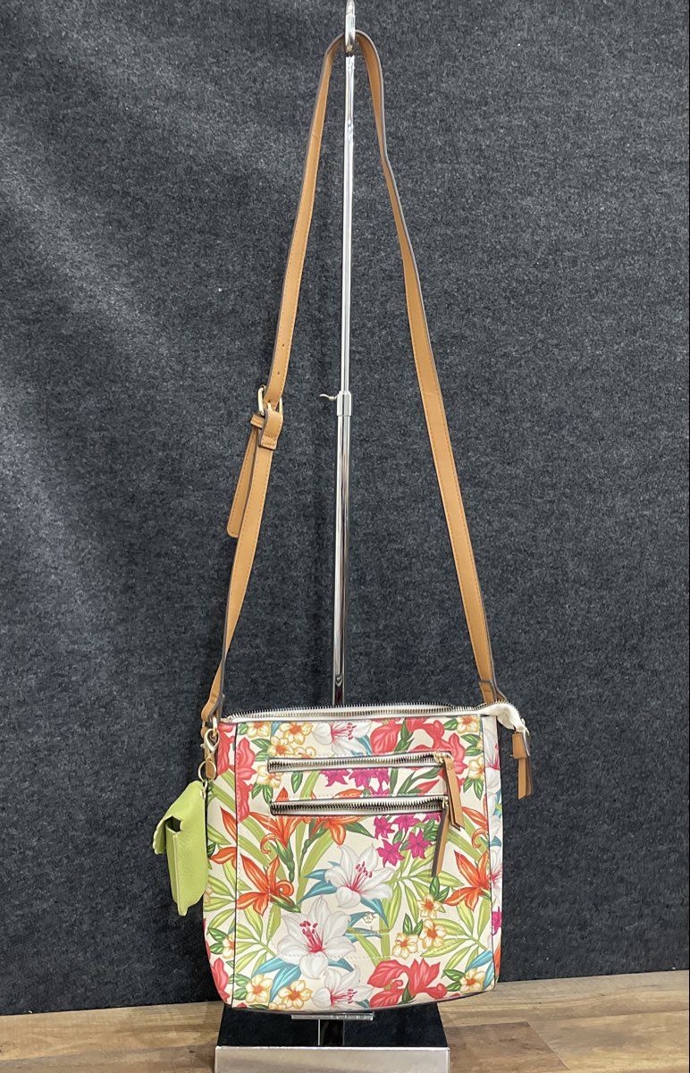 Nanette Lepore White Floral Leather Crossbody Purse Bag Front Pockets Pouch