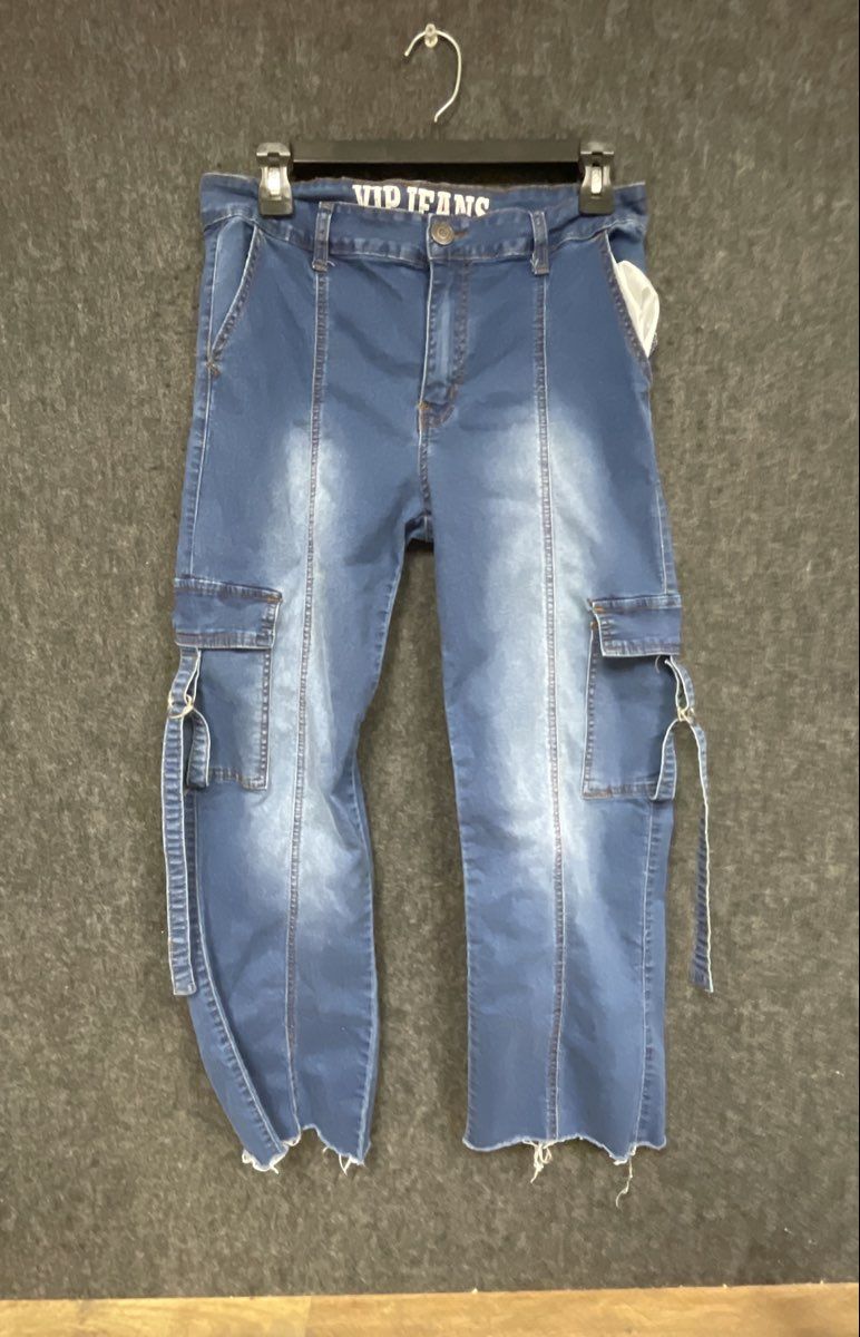 VIP Jeans Women's Blue Cargo Jeans Raw Hem Faded Utility Straps Seam Front 11/12