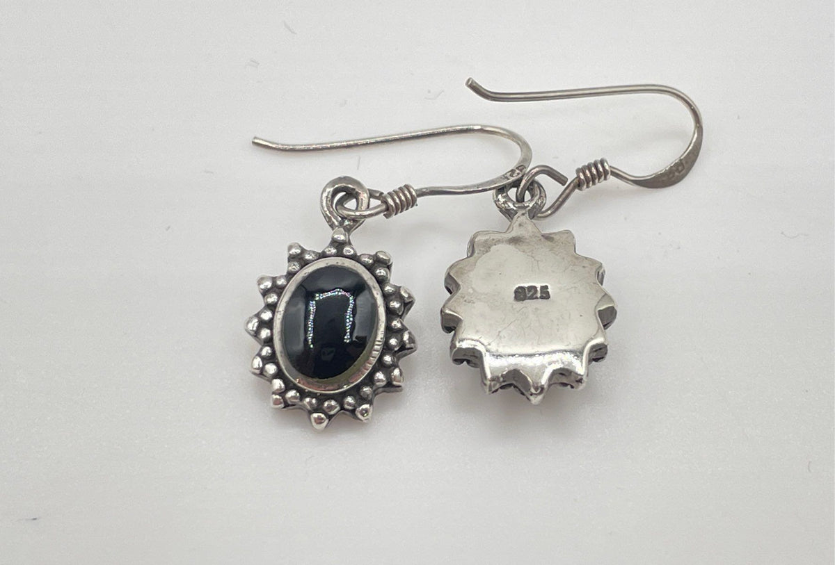 925 Sterling Silver Oval Black Onyx Inlay Granulated Dangle Earrings 6g