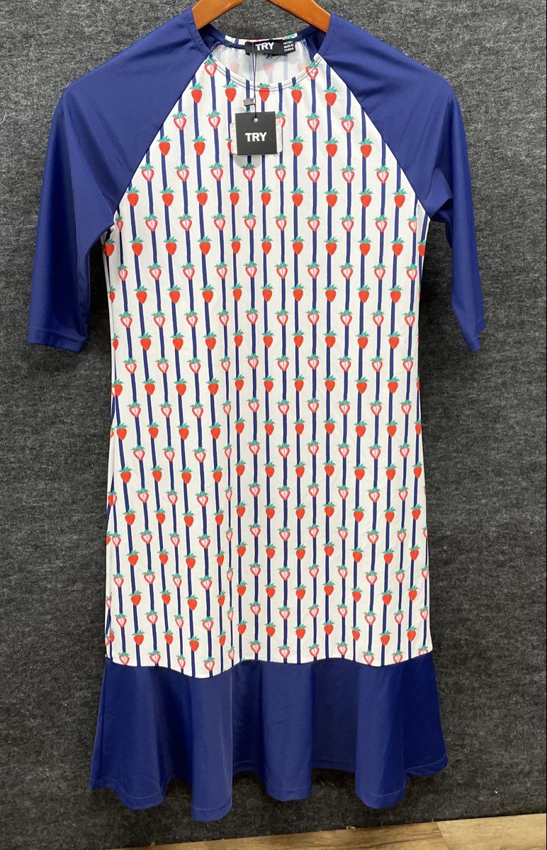 TRY Women's Strawberry Fruit Print Cover Up Dress Navy Blue Ruffled Sz 14 NWT