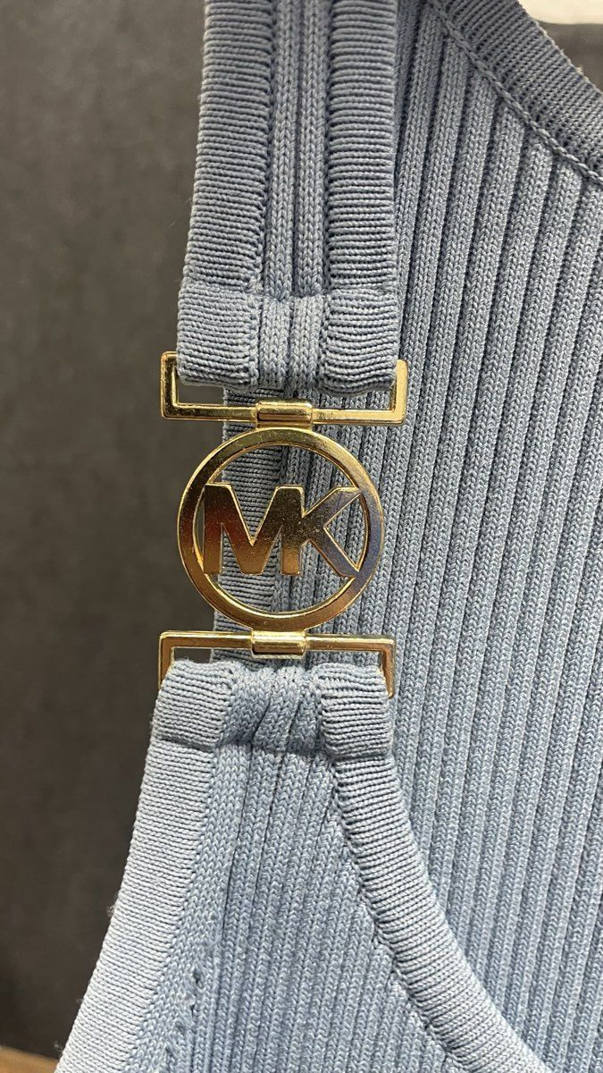 Michael Kors Women's Blue Ribbed Knit Midi Tank Dress Gold Logo Hardware Sz S
