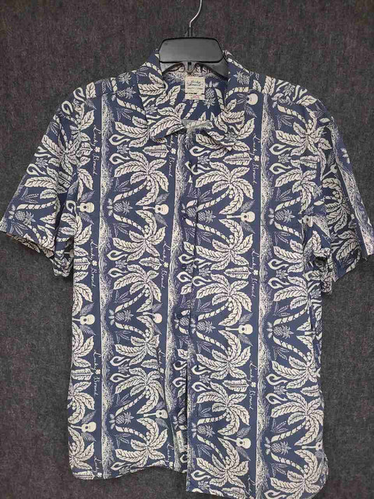 Lucky Brand Men's Blue Hawaiian Shirt Palm Tree Pineapple Ukulele Cotton Sz L