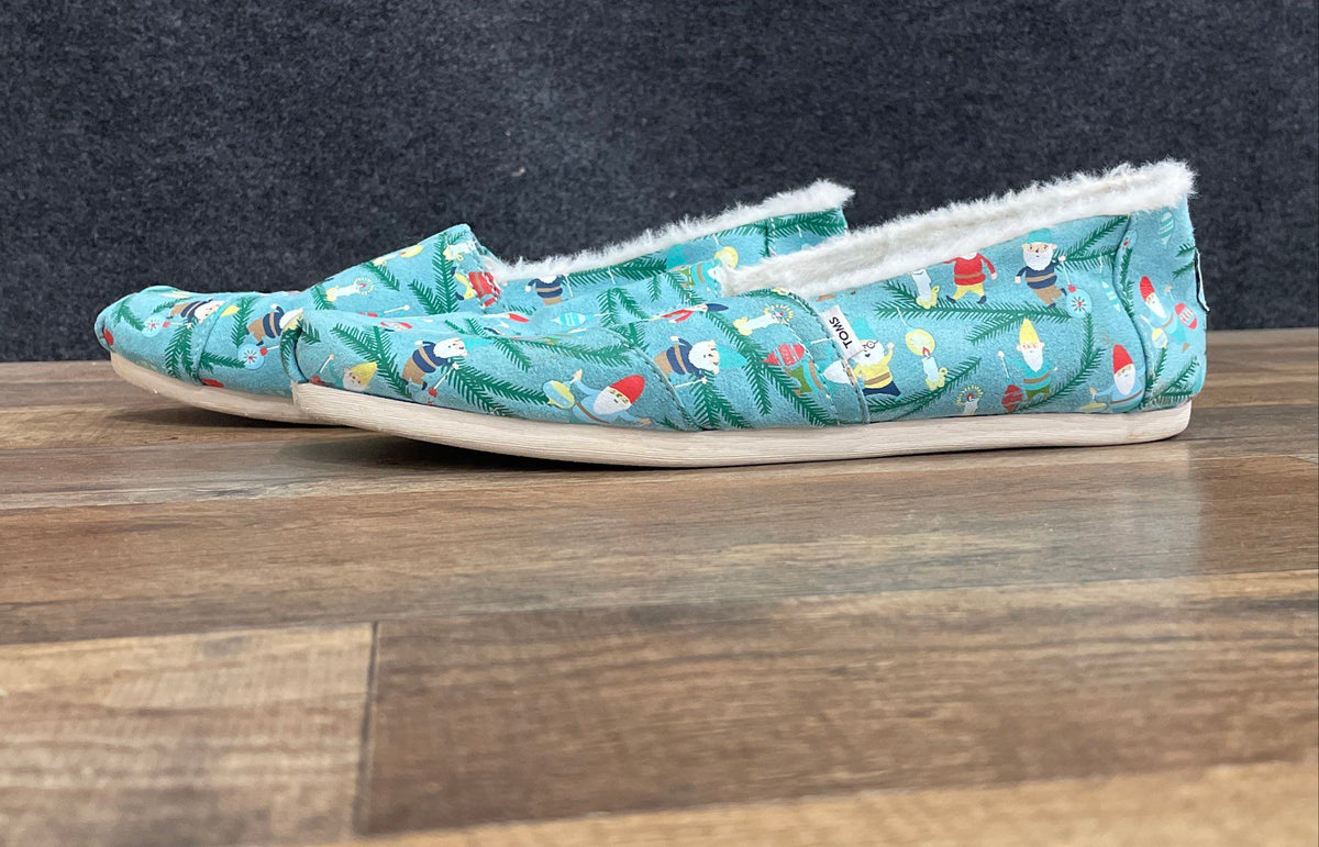 TOMS Alpargata Christmas Gnomes Blue Faux Fur Lined Slip On Women's Size 9.5