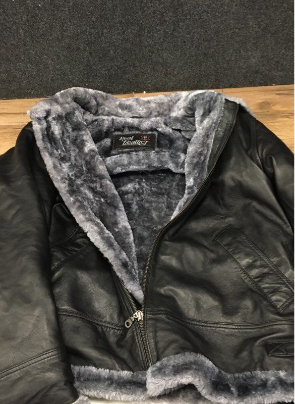 Real Leather Men's Black Faux Shearling Lined Flight Bomber Jacket Sz 25 P2P