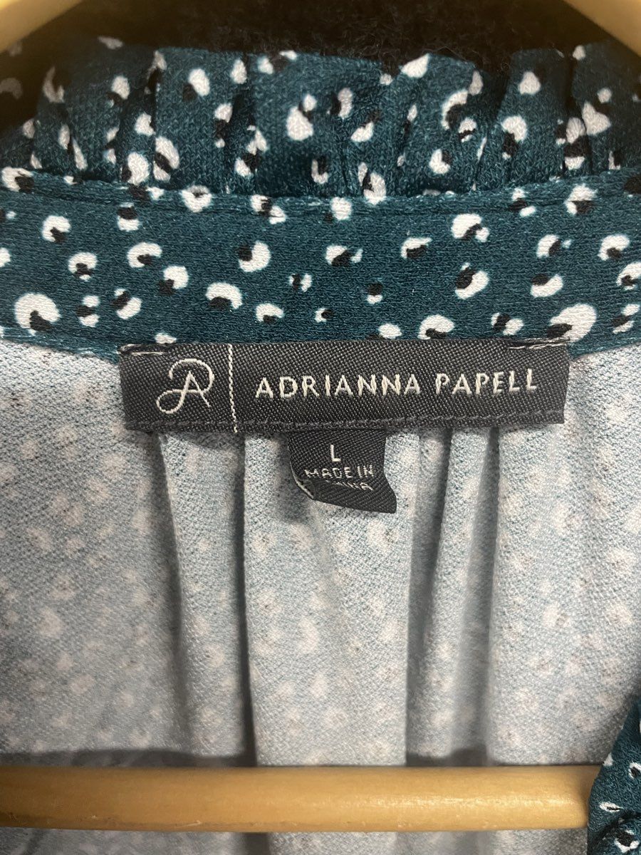 Adrianna Papell Women's Green Ruffle Tie-Neck Puff Sleeve Knit Blouse Sz L