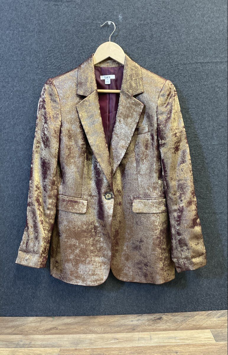 Bar III Women's Blazer Metallic Gold Burgundy Distressed Crest Button Sz 6