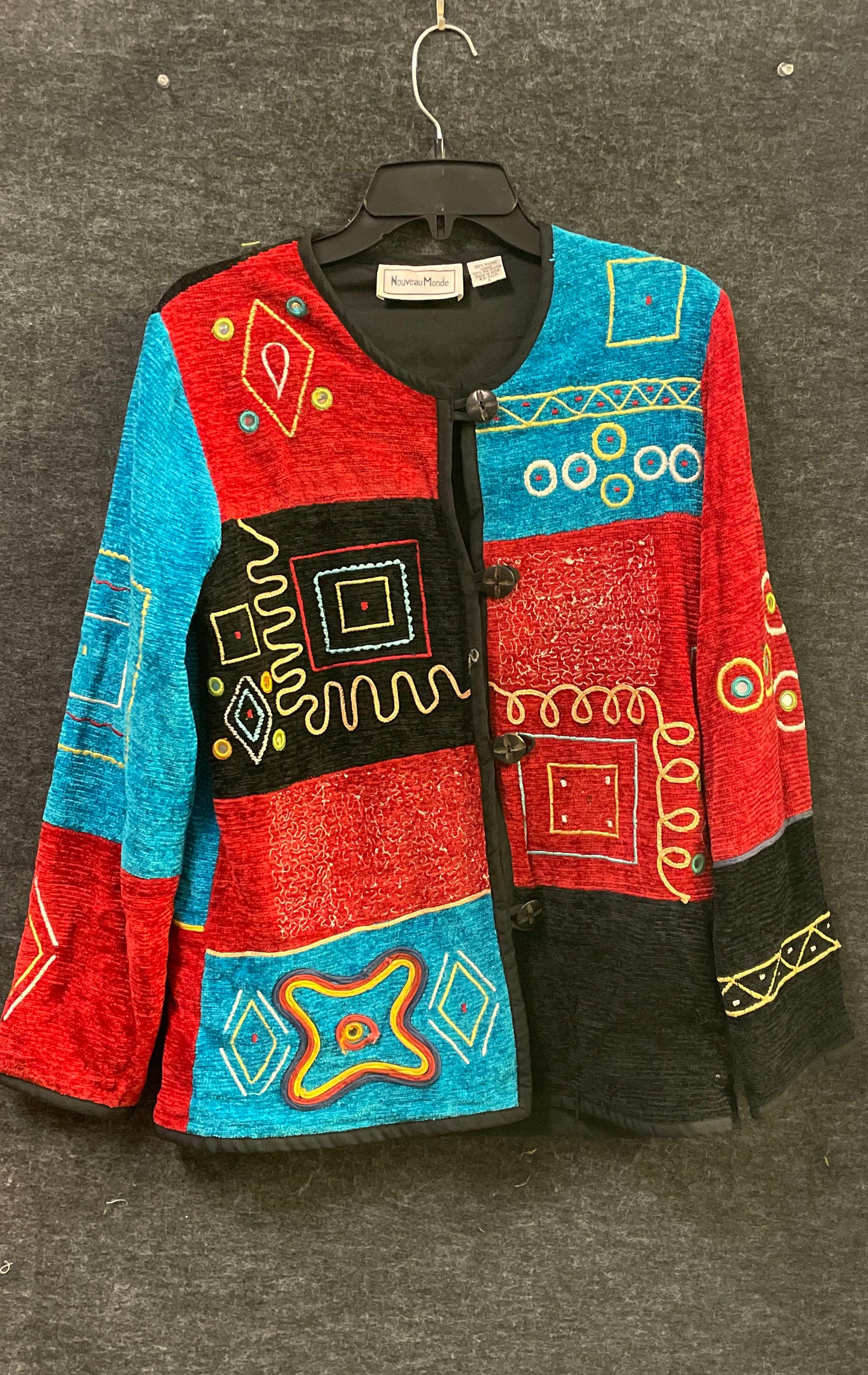Vintage 90s Nouveau Monde Patchwork Embroidered Chenille Art Wear Jacket Sz S