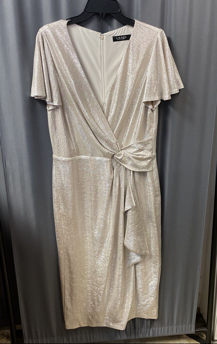 Lauren Ralph Lauren Women's Metallic Faux Wrap Dress Champagne Silver Sz 14