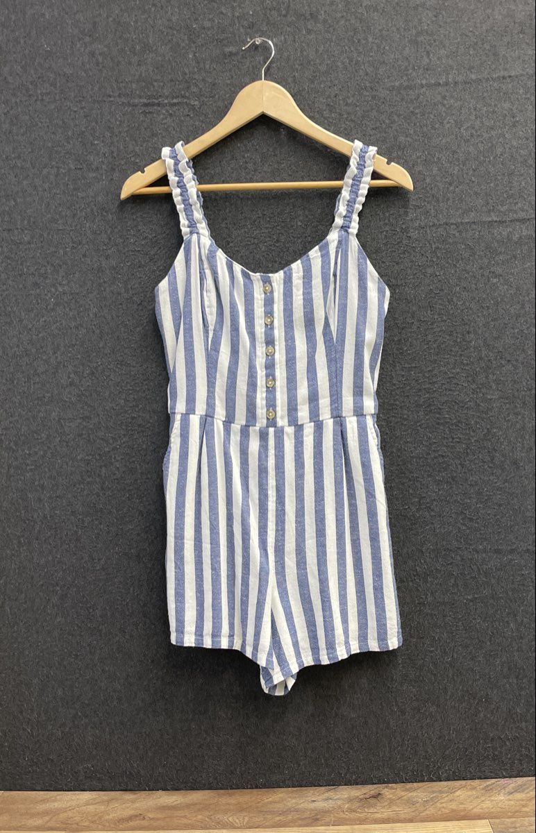 Hollister Women's Blue White Striped Cotton Linen Romper Sz M NWT