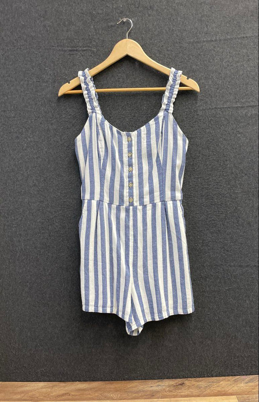 Hollister Women's Blue White Striped Cotton Linen Romper Sz M NWT