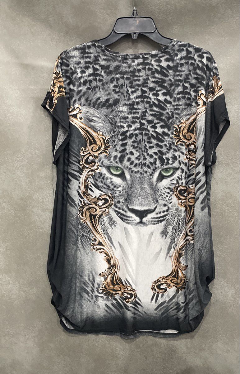Blossom By P Women's Leopard Graphic Rhinestone Studded Dolman Sleeve Gray Top