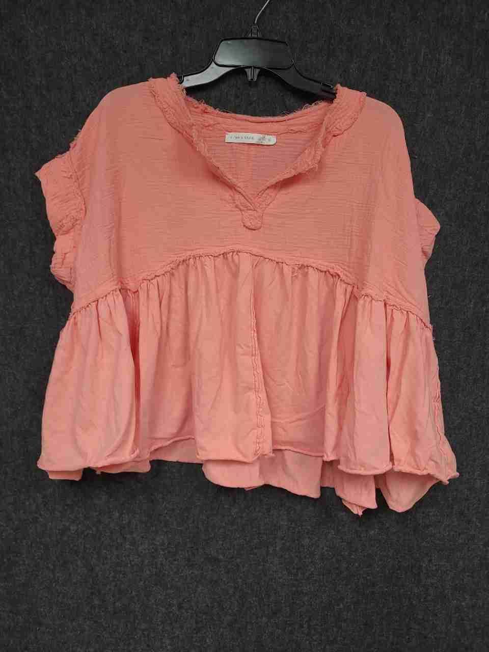 Altar'd State Women's Coral Cotton Raw Edge Ruffle Babydoll Blouse Top Sz S