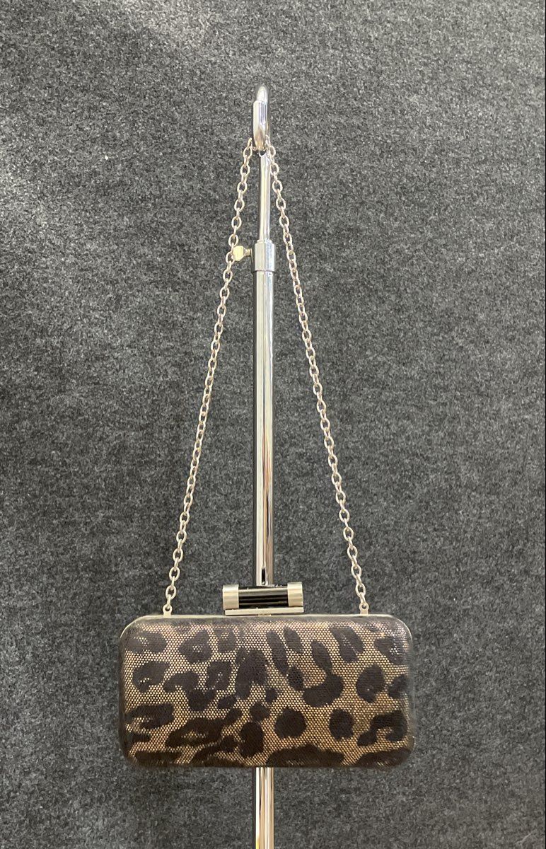 Lulu Townsend Gold Black Leopard Print Minaudiere Clutch Bag Silver Chain
