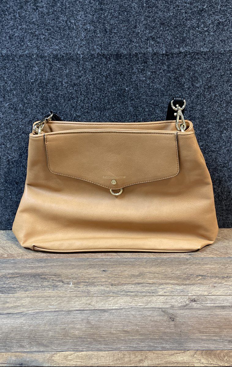 Liz Claiborne Tan Faux Leather Shoulder Bag Brown Gold Hardware Large Handbag
