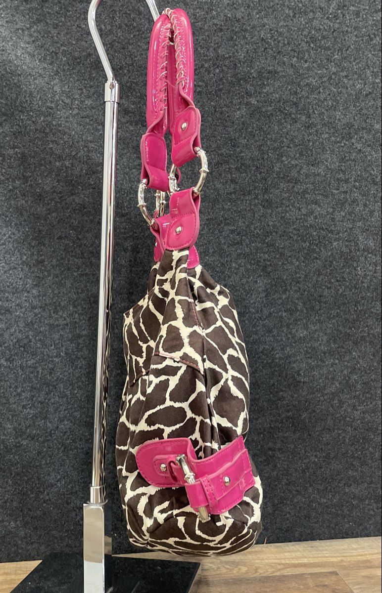 Top It Off Brown Pink Zebra Pattern Fabric Leather Accents Hobo Shoulder Bag