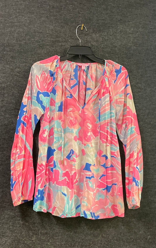 Lilly Pulitzer Women's Willa Top Pink Blue Floral Rayon V-Neck Tunic Blouse Sz M