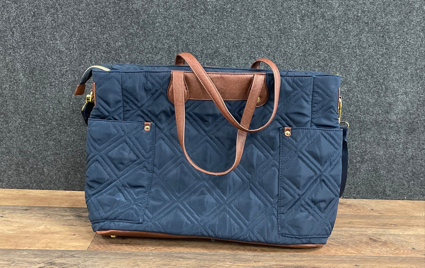 Adrienne Vittadini Navy Quilted Nylon Tote Bag Crossbody Laptop Bag Gold