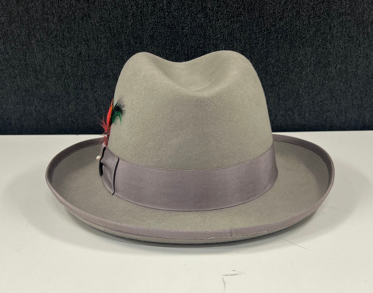H Fashion K Unisex Gray Wool Felt Fedora Hat Feather Accent Sz 57.5cm