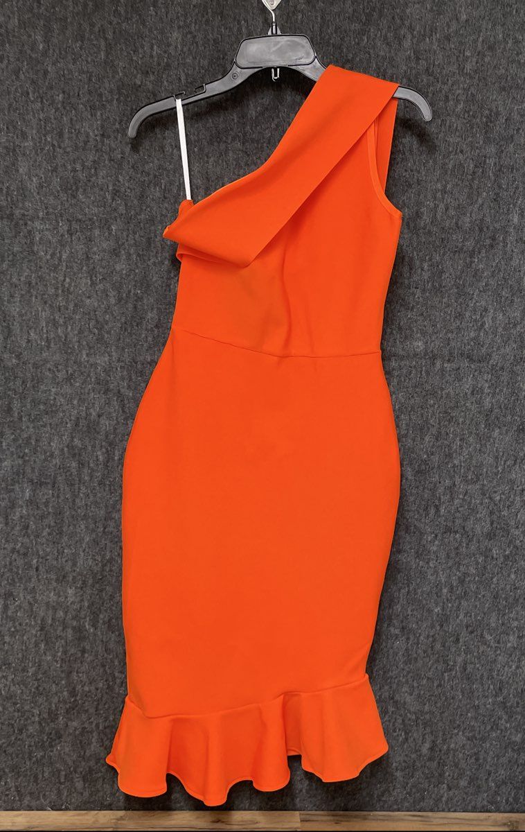 Women's Orange One-Shoulder Bandage Bodycon Ruffle Hem Midi Dress Sz M