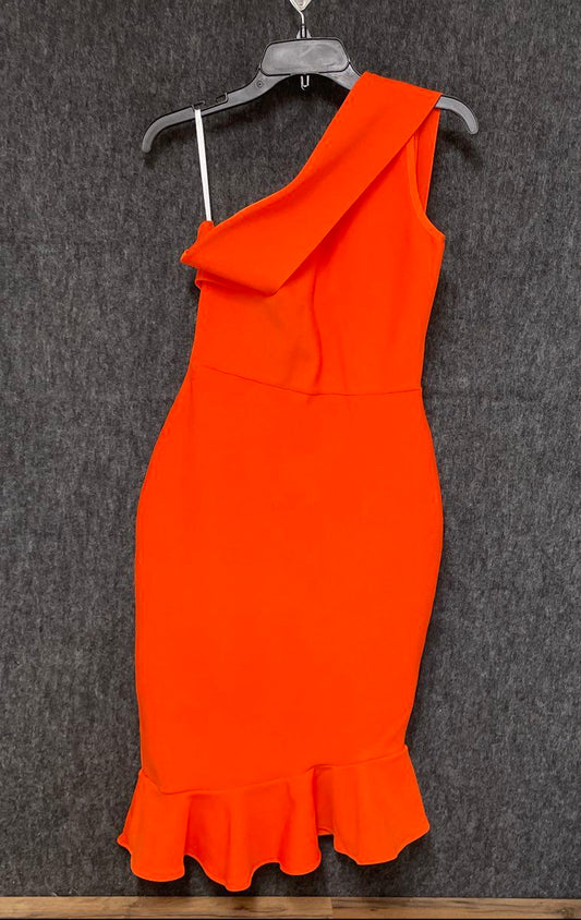 Women's Orange One-Shoulder Bandage Bodycon Ruffle Hem Midi Dress Sz M