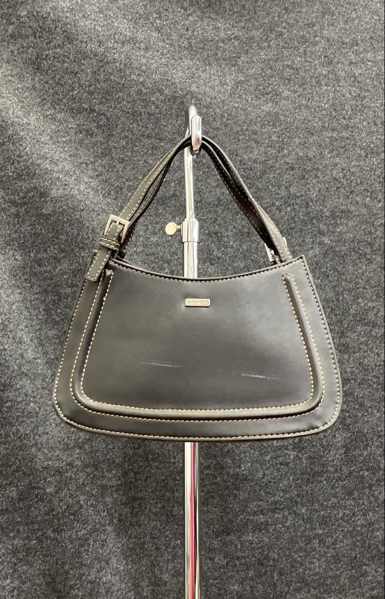 Vintage Nine West Black Leather Shoulder Bag Silver Hardware Contrast Stitch