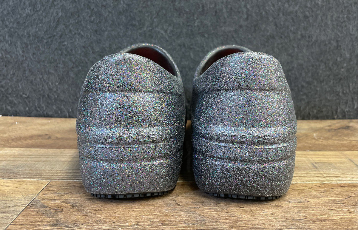 Crocs Neria Pro II Silver Glitter Slip Resistant Work Clogs Women's Size 7