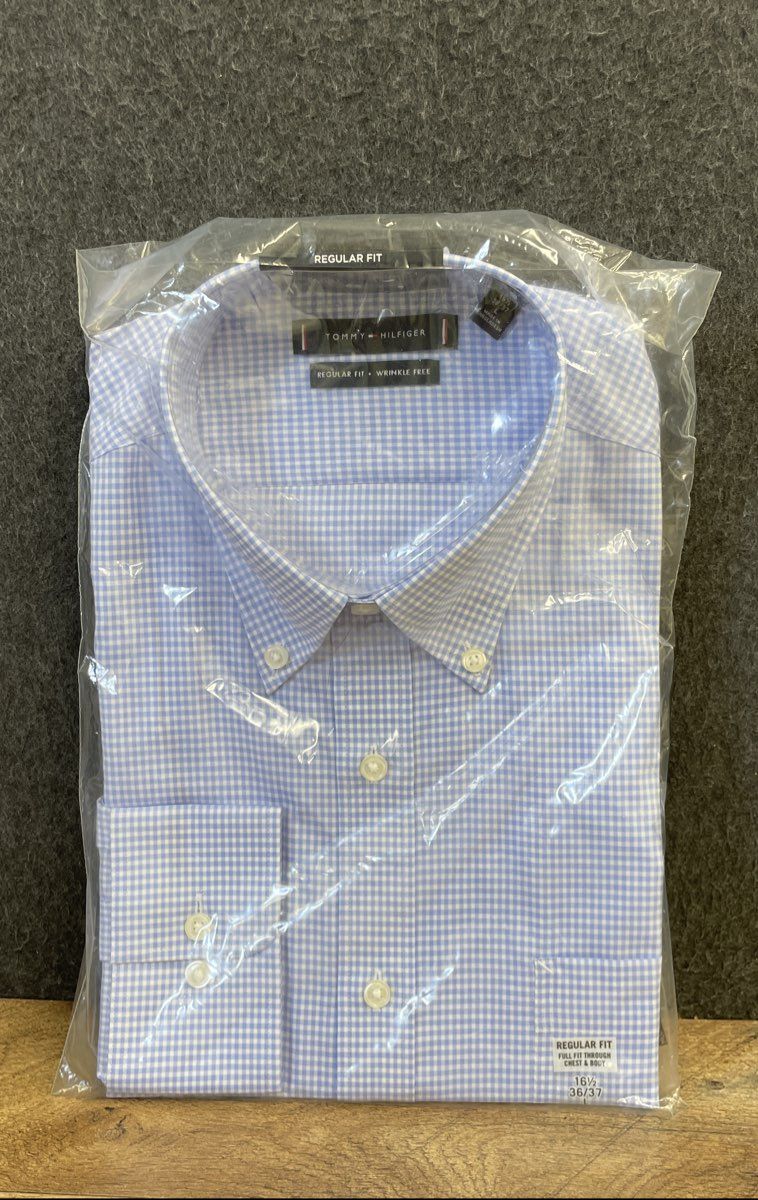 Tommy Hilfiger Men's Gingham Dress Shirt & Silk Tie Blue White NWT Sz 16.5 36/37