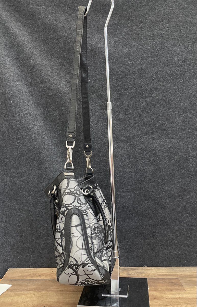 Jessica Simpson Grey Black Graffiti Logo Canvas Hobo Shoulder Bag Silver