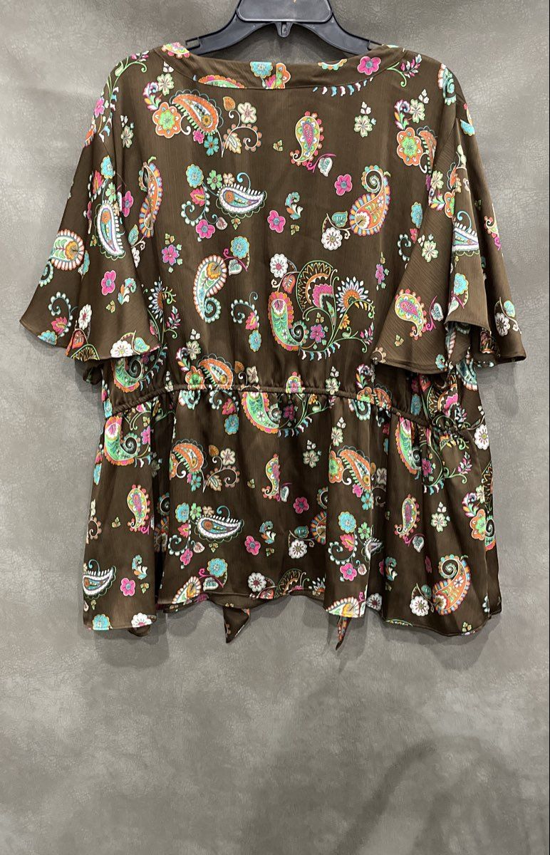 Cato Women's Brown Floral Paisley Flutter Sleeve V-Neck Peplum Blouse Sz 26/28WP