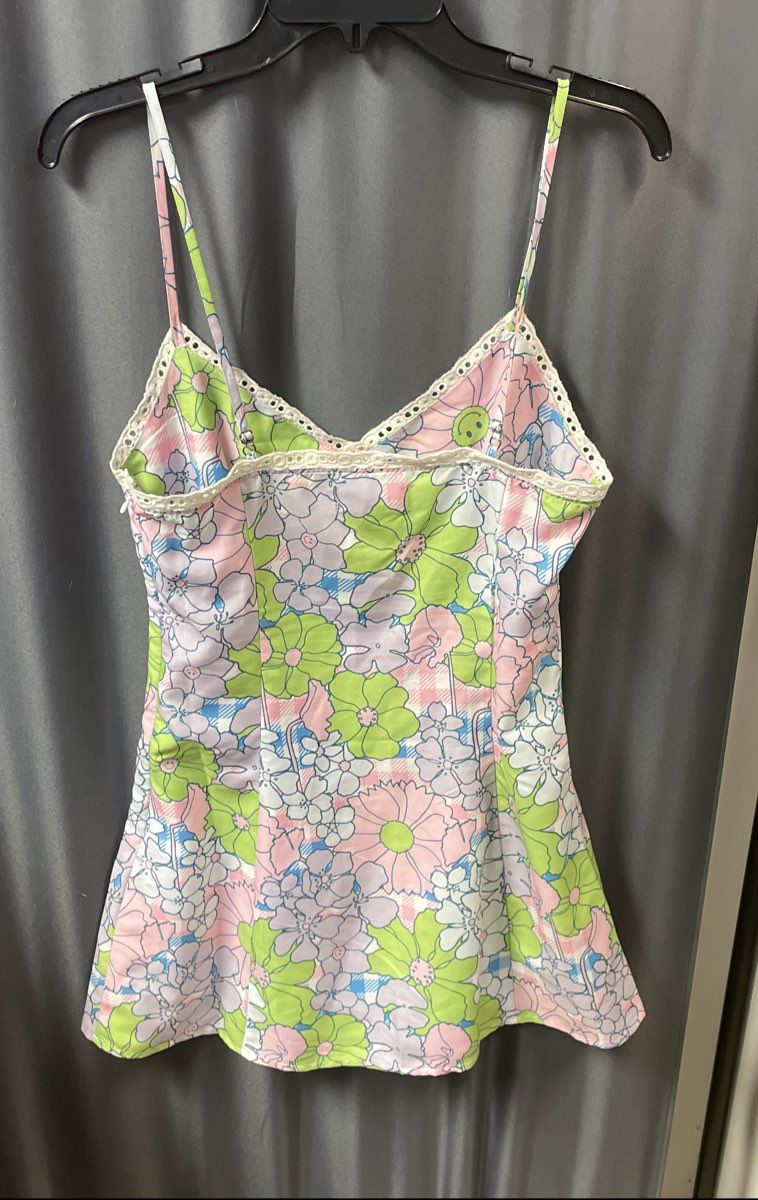 New Girl Order Women's Floral Slip Dress Pink Green Gingham Lace Trim Sz 10