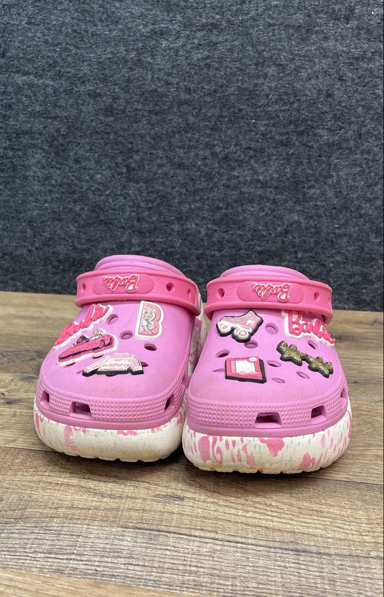 Crocs Barbie Classic Clog Pink White Patterned Sole with Charms Youth Size J4
