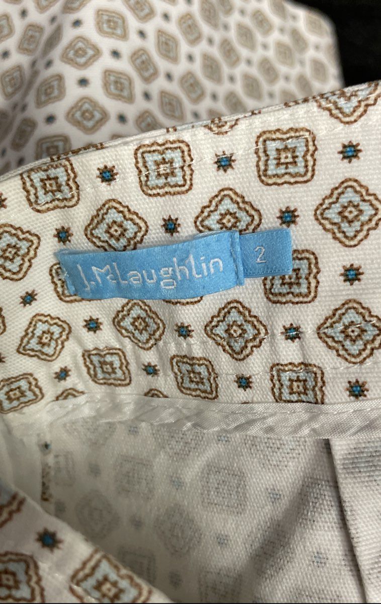 J. McLaughlin Women's White Tan Blue Geometric Medallion A-Line Skirt Sz 2