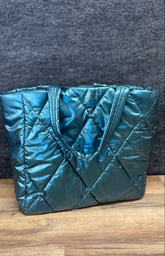 Victoria's Secret Teal Metallic Quilted Puffer Tote Bag Large